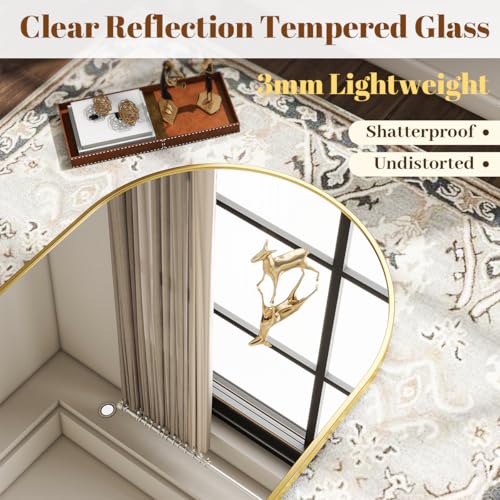 Image of VooBang Arched Wall Mirror, 26 x 28 inch Arch Bathroom Mirror, Wall Mounted Vanity Mirror with Arch Metal Frame, Modern Bathroom Vanity Mirror for Bedroom, Living Room, Hanging or Leaning, Gold
