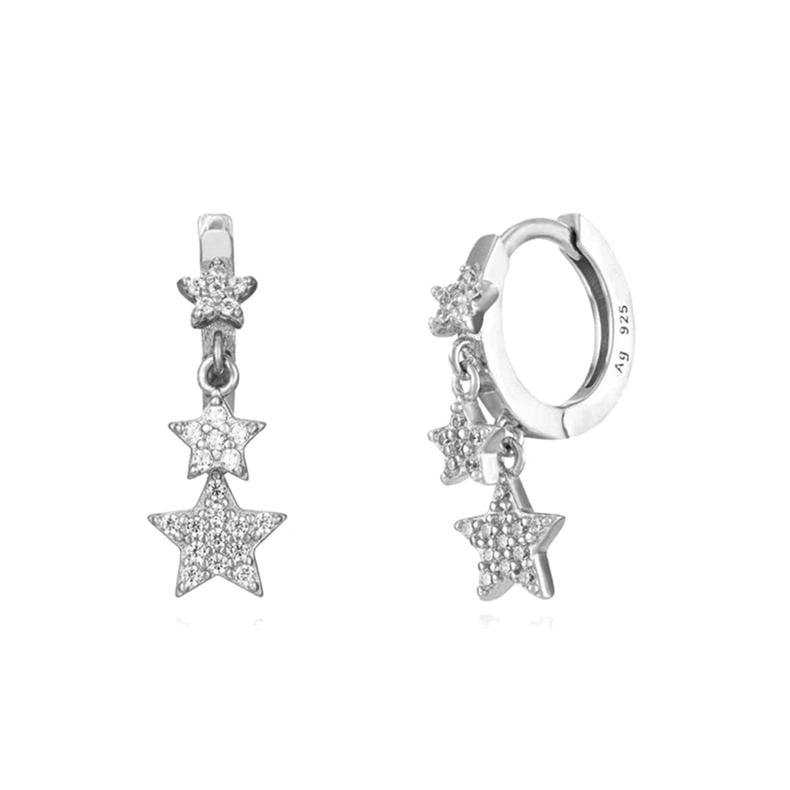 LLXYWJ 925 Silber Ohrringe Set, Creolen für Frauen mit baumelnden Sternen, kubischen Zirkonia, hypoallergener Knorpel-Piercing-Schmuck