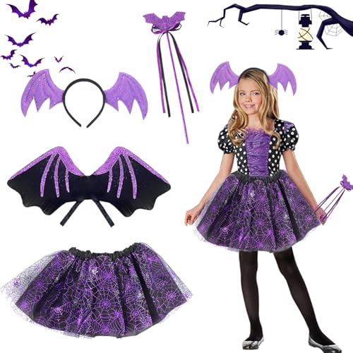 Costume Murcielago Niña, 4pcs Disfraz de Murciélago para Niña con Tutú Murciélago, Alas Murcielago, Aro de Pelo, Varita, Disfraz de Murciélago Halloween para Niñas, para Halloween Carnaval Cosplay