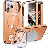 【カメラレンズ保護・スタンド一体】NIANGUO iPhone17 Pro Max 用 カバー MagSafe対応 クリア 両面 【ロック付き・アクションボタン】 隠しカメラスタンド アイホン17プロマックスケース 9H強化ガラス メタルフレーム ストラップホール付き 画面感度良い ワイヤレス充電対応 アイフォン17 Pro Max 用 ケース 6.9インチ（オレンジ）