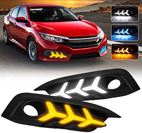 VGETTING Daytime Running Lights For Honda Civic 10th Gen Sedan 2016 2017 2018 Fog Light 3 Colors DRL Amber Turn Signal Lamps LED Driving light Fish Bone Style