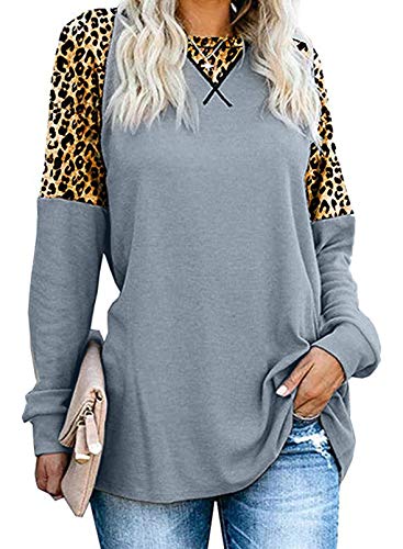 AlvaQ Women Long Sleeve Leopard Color Block Shirts Comfy Round Neck Loose Casual Pullover Tunic Tops Grey Small