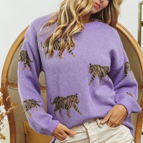 Women Y2k Sweaters Vintage Tiger Print Long Sleeve Pullover Sweater Fall Knitwear Streetwear2