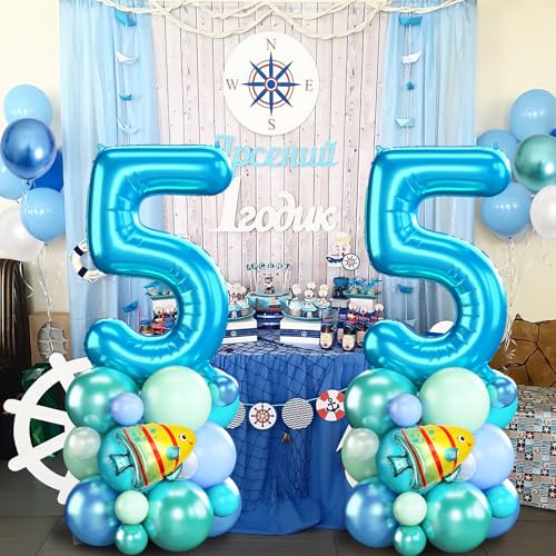 Image of 40 Inch Number 5 Balloon Blue Ocean Under the Sea Number Five Foil Balloons Tower with Shark Bubble Fish for Boys 5th Birthday Party Decor Blue Green Underwater Digital Aluminum Balloons Stack