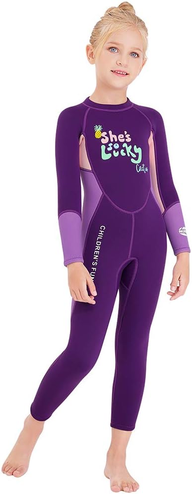 Kids Girls Boys Wetsuit Full Body Neoprene Thermal Swimsuit 2.5MM for Toddler Youth Children Teen, Long Sleeve Child Scuba Diving Surf Suit One Piece Sun Protection for Water Sports (Purple, XL)