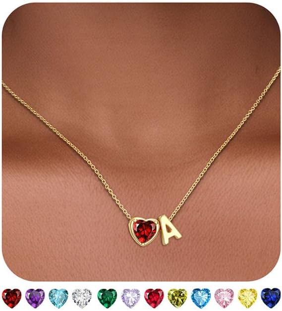 Easter Basket Stuffers-Heart Birthstone Initial Necklace for Women Girls,14K Gold Plated Heart Letter A-Z Necklace Birthday Trendy Jewelry Gifts for Women Girls Daughter
