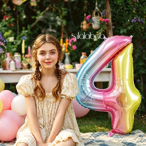 Image of Rainbow Gradient Number 4 Balloon 40 Inch Big Large Balloons 0-9 | 4th Helium Foil Mylar Number Balloons for Birthday Anniversary Party Decorations