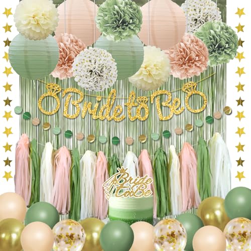 Image of Sage Green Bachelorette Party Decorations, Bride To Be Decorations Include Paper Pompoms Lanterns Fringe Curtain String Tassel Balloon banner for Bachelorette Wedding Bridal Shower Decorations