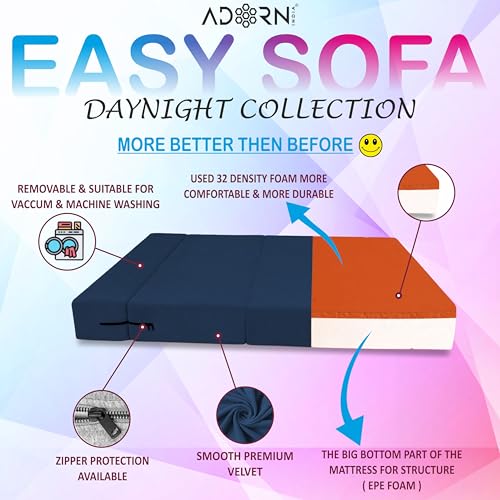 Image of Adorn India Easy 4 Seater Sofa Cum Bed | Velvet Fabric | Blue | Plain Design | 6x6 Ft | Comfortable Seating | Washable Cover | Perfect for Home & Office