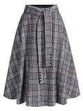 ZAFUL Women's Winter Wool Plaid A-Line Pleated Midi Skirt Elastic Waist Vintage Tartan Skirt with Pockets(0-Dark Grey,M)