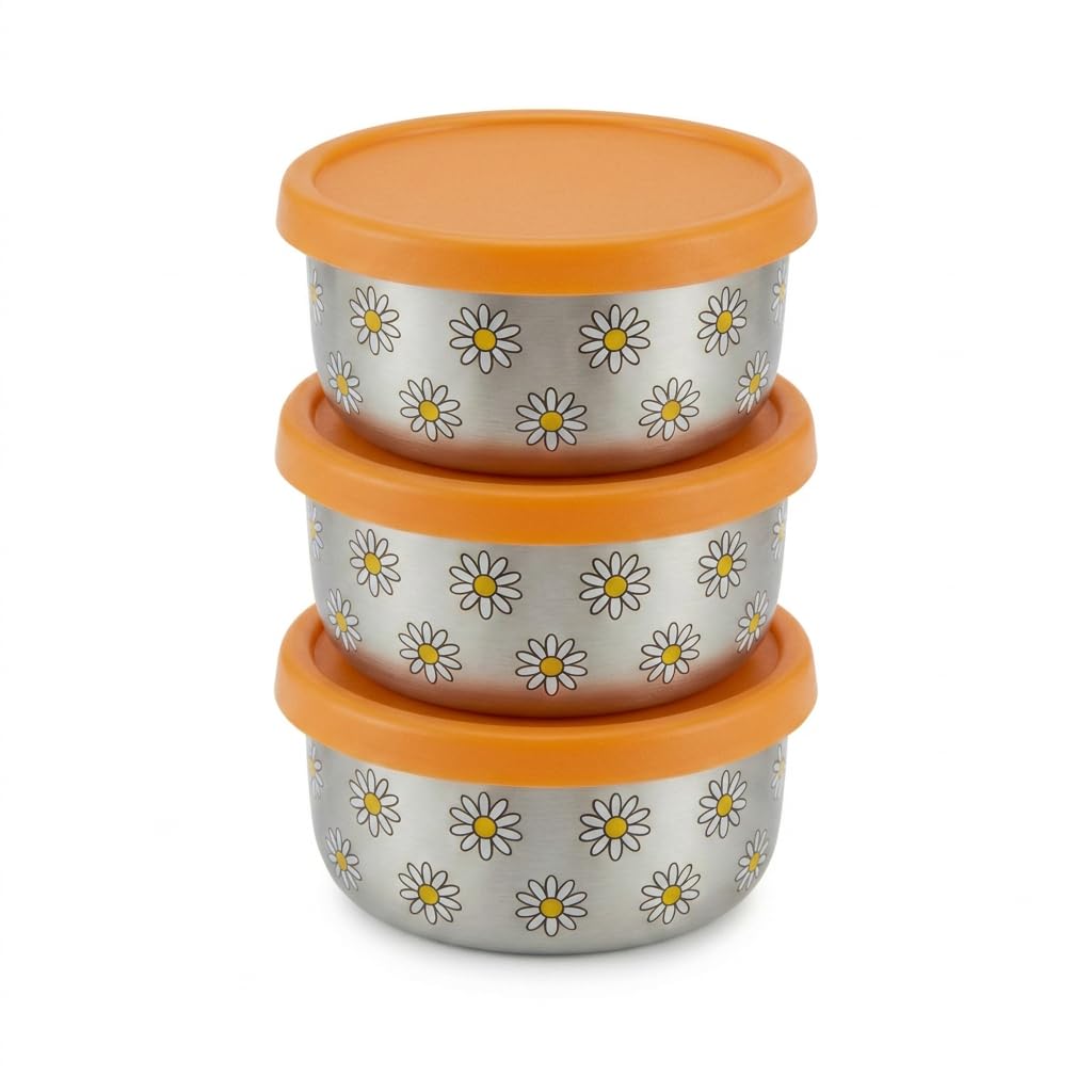 Little Steelie Kids Snack Pots Set of 3 | Stainless Steel Food Containers with Orange Silicone Lids | Plastic-Free | 290ml | Daisy Design | Children, toddlers and babies | 290ml x 3