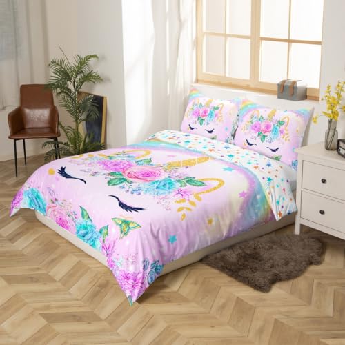Parure de lit licorne 135x200 anti-drap rêche housse couette violette