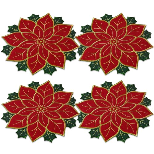 Image of Christmas Placemats Set of 4 Winter Red Floral Christmas Table Mats 39x39cm