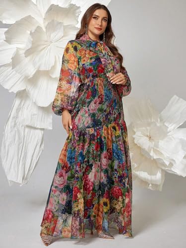 Image of Spring Summer 2024 Plus Size Womens Dresses V Neck Casual Elegant Long Sleeve Floral Print Maxi Dress