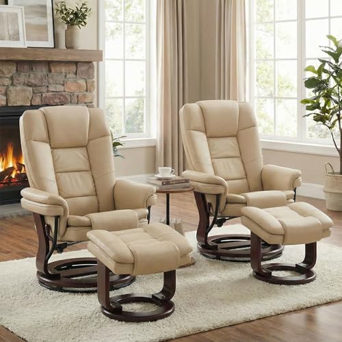 Image of Swivel Recliner Chair with Ottoman Reclining Lounge Sofa Footrest, Set of 2 | 360Sturdy Wood Base, Soft PU Leather, Upholstered Ultra-Plush Foam, Modern Armchair, Living Room Bedroom Office Reading Home