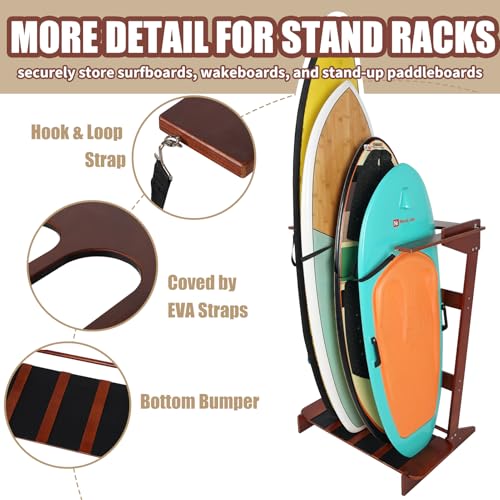JUSTOOP Freestanding Surfboard Rack, Vertical Surfboard Stand Racks, Surf Rack of Free Wall Mount Fits Shortboards, Longboards, Wakeboards, Holds 4 Board, Pine Wood,1 PCS,Dark Brown by JUSTOOP - Used condition - Image 3