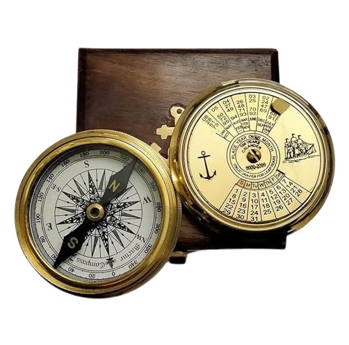 AH Enterprises Antique Brass Nautical Compass with Calendar Lid, Maritime Navigation Tool, Decorative Wooden Box-image-46