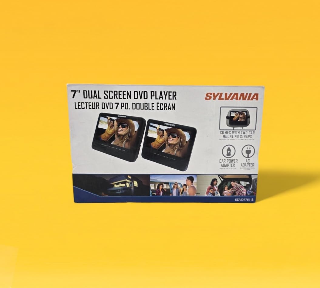 Sylvania 7" Dual Screen Portable DVD Player, Built-in Stereo Sound, Travel-Ready Car Adapter, with Mounting straps, Plays DVD, CD, and MP3, supports SD card slot, USB - SDVD7751 (Renewed)