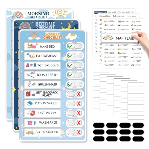 3 in 1 Bedtime/Morning/Weekly Routine Chart for Kids, Magnetic Chore