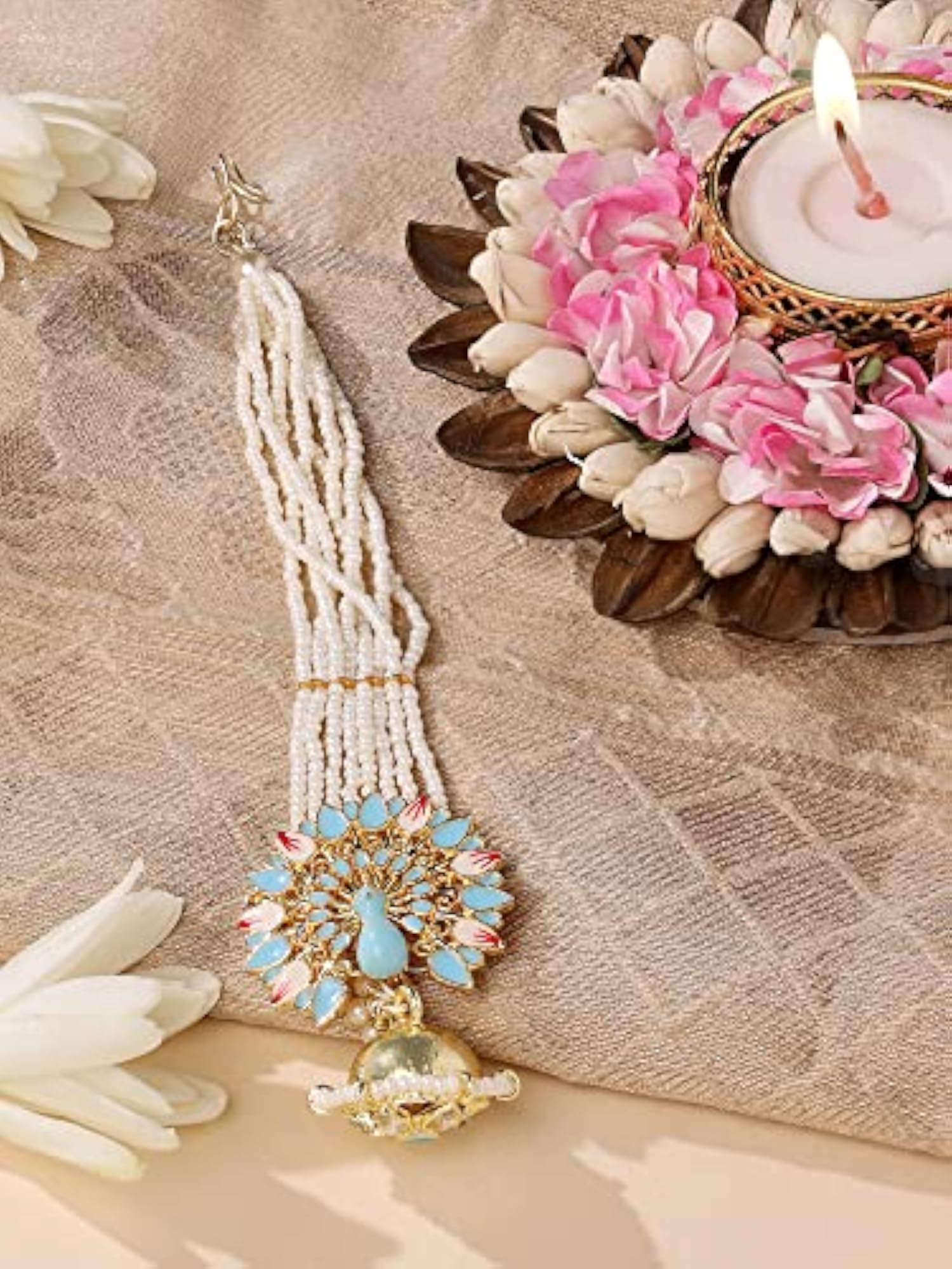 Peacock Inspired Meenakari Kundan Multistrand Pearl Borla Maangtikka
