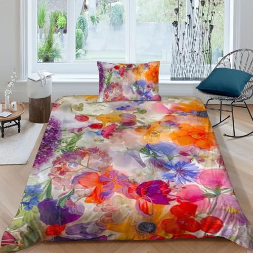 Housse de couette 135x200cm imprimé 3D fleurs en microfibre douce et lavable en machine
