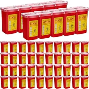 1 Quart Sharps Container Sharps Disposal Containers for Home Use Small Needle Sharps Container Flip Top Portable Container for Office Tattoo Parlors Barbershop Travel, 6″ x 4″ x 3″, Red (50 Pcs)
