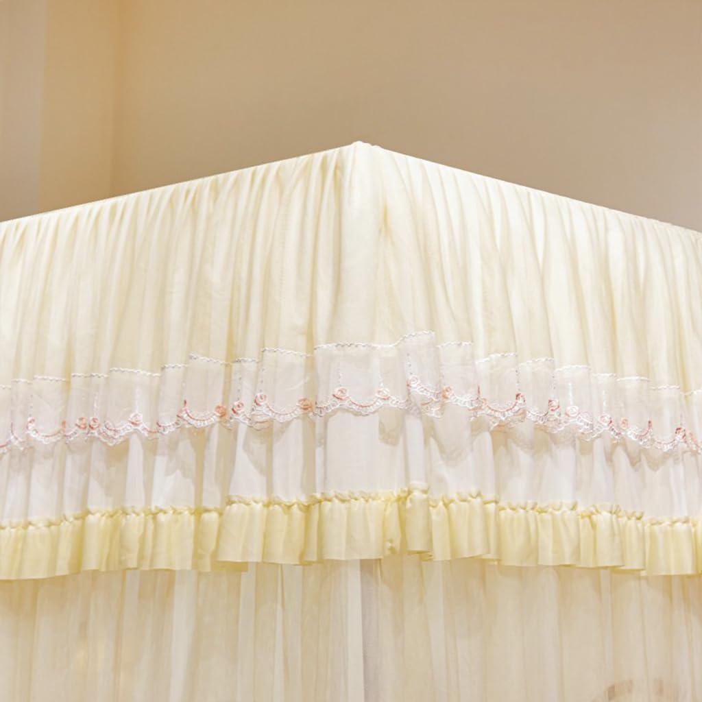 SCMTYWCQ 4 Corners Post Princess Curtain Bed Canopy Elegant Luxurious Lace Decoration Double Layer 3 Opening Mosquito Net Mesh for Girls Bedroom Decoration (Yellow, Twin)