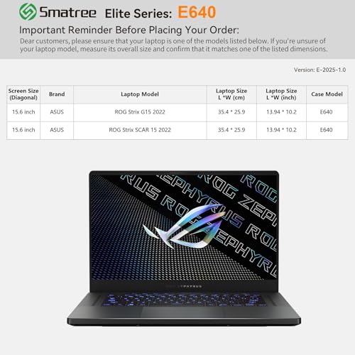 Image of Smatree Laptop Sleeve for 15.6 inch ASUS ROG Strix G15, for 15.6 inch ASUS ROG Strix Scar 15 2022, Protective Computer Case with Accessory Pocket, YKK Zipper, Patented Shockproof Design (E640)