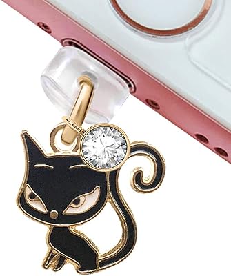 ELISE & FONDA CP234 USB Charging Port Anti Dust Plug Cat Kitten Pendant Phone Charm for iPhone 11/ XS MAX/XR/X/8 Plus/7/6S/8/SE iPad iPod (Black)