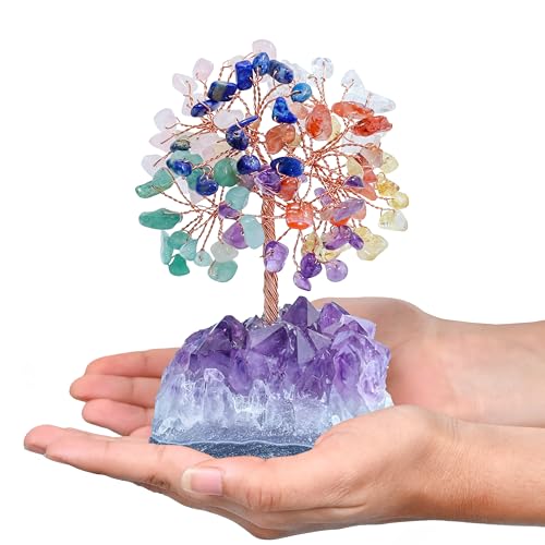 Image of Crocon 7 Chakra Crystals Tree of Life with Amethyst Cluster Base, Gift for Women Men Birthday Gifts MoM, Money Tree Feng Shui Good Luck Healing Crystals Home Decor Crystals and Healing Stones