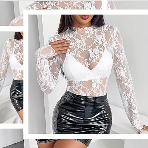 ROSVAJFY Durchsichtiges Oberteil mit Spitze Langarmshirt mit Mesh Spitzen Top Langarm Netzoberteil (DE/NL/SE/PL, Alphanumerisch, M, Regular, Regular, Weiß)