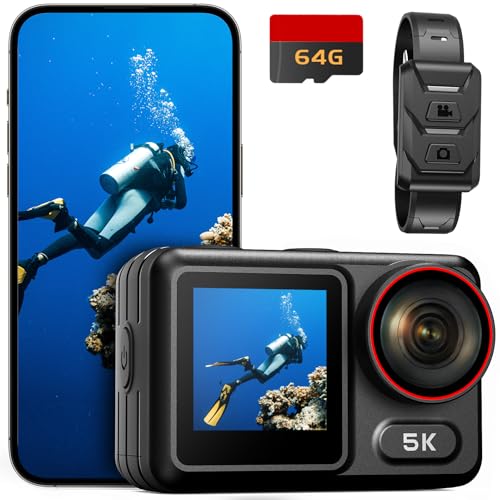 Wasserdicht Action Cam 5K 30FPS, Dual-Touchscreen, 64MP Ultra HD-Unterwasserkamera, EIS Anti-Shake Outdoor Vlog Kamera, IMX386 12MP Sensor, 1350 mAh, 64 GB Karte, Fernbedienung und Kit