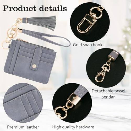 Image of KNGITRYI Wallet, Slim RFID Credit Card Holder with Wristlet Keychain, Gray (Unisex, PU Leather, 8 Card Slots, RFID Protected, Fashion Tassel)
