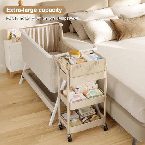 Image of Baby Diaper Caddy Organizer Cart with Detachable Dividers, 3 Tier Metal Bedside Storage Rolling Cart with Wheels for Nursery, Postpartum Cart and Organizers for Newborn Essentials & Supplies (Oatmeal)