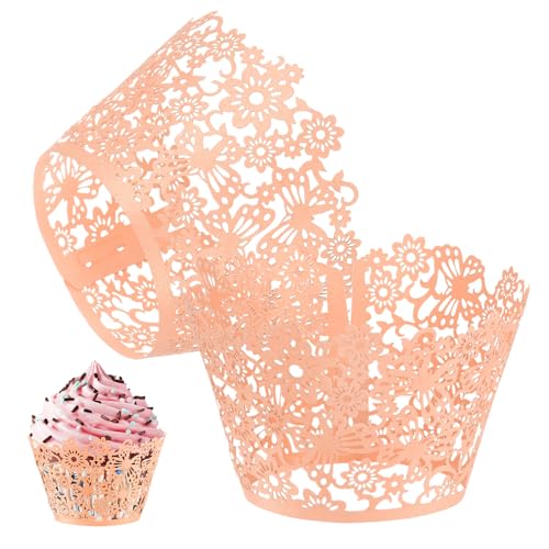 M METERXITY 50-Pack Cupcake Wrappers, Pearlescent Art Paper, Floral Lace Hollow Out Cupcake Liners for Wedding/Birthday Party Decoration, Bake Cake Paper[Light Pink]