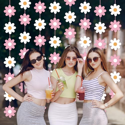 Image of Pasimy 8 Pcs Daisy Boho Party Decorations Groovy Daisy Paper Garlands White Flower Hanging Garland Banner Hippie Flower Cutouts for Birthday Shower Wedding Party Favor Supplies(Fashion,Pink)