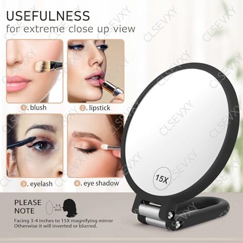 Image of CLSEVXY Magnifying Handheld Mirror Double Sided, 1X 15X Magnification Hand Mirrors, Travel Folding Hand Held Mirror, 360Rotation Pedestal Makeup Vanity Mirror