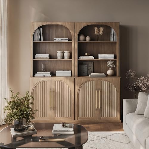 BELLEZE 2 Tier Bookshelf with Arched Wood Door, Modern Display Bookcase Shelf with Storage and Adjustable Shelves, Wood Bookshelves for Living Room Office Entryway (Camel) Bijou Camel B 1