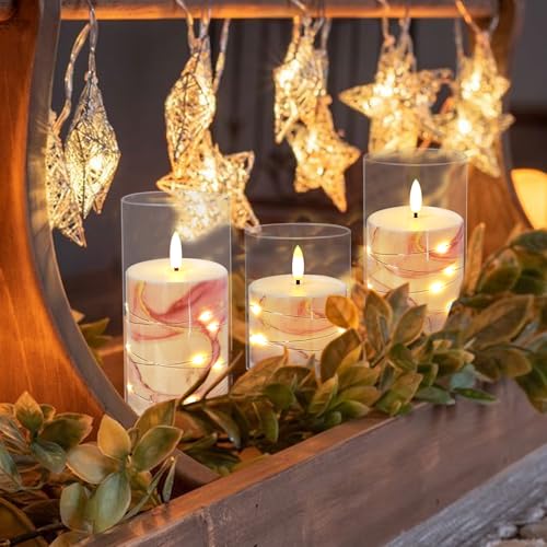 Image of Flickering Flameless Candles Pink Marble Embedded Star String Lights, Battery Operated Acrylic LED Pillar Candles with 11-Key Remote and Timer for Home Decoration, 3 Pack