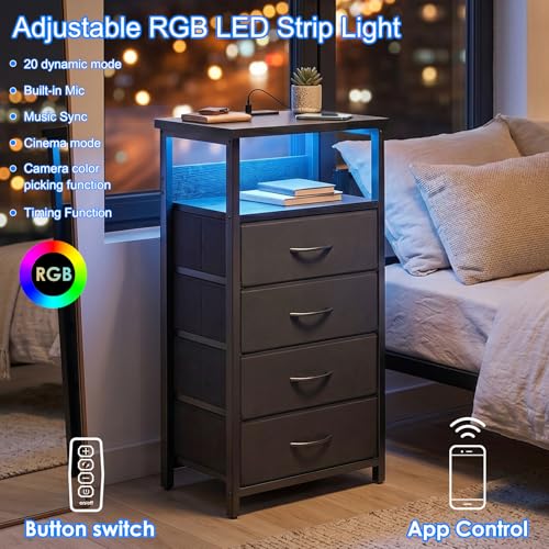 Image of Fixwal Night Stand with 4 Fabric Storage Drawers, Tall Nightstand Bedside Table with Charging Station & Led Lights, Fabric Dresser for Bedroom, Black