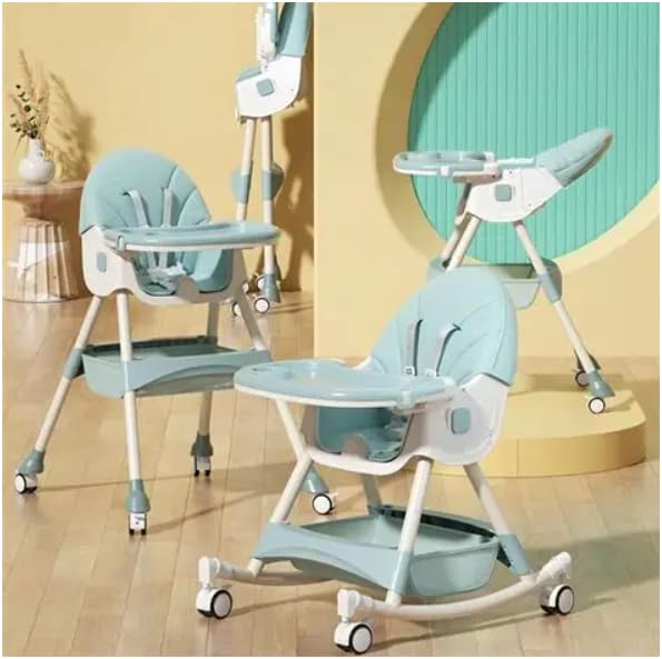 Image of Baby High Chair, Foldable Multifunctional Feeding Chair with Wheels, Removable Tray, Mint Green