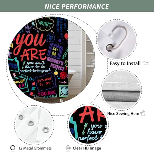 Image of iTapnoom Funny Kids Inspirational Quotes Shower Curtain, Colorful Positive Words Black Graffiti Artwork Unisex Bathroom Decor Set, Waterproof Polyester Fabric Bath Curtain with Hooks 72x72 Inch