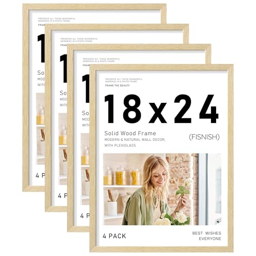 Image of 18x24 Picture Frame Set of 4, Natural Solid Wood Picture Frames, Display 18x24 Photos without Mat, Horizontal or Vertical Wall Mounting Poster Frame, Oak Wood Grain