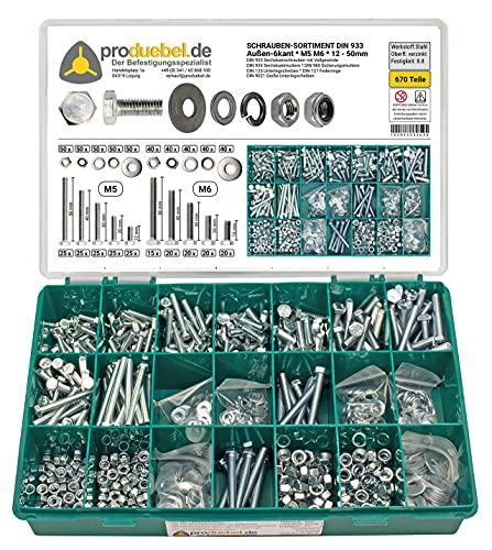 Schrauben-Sortiment – 670-tlg. – verzinkter Stahl 8.8 – M5 & M6 – DIN 933, 934, 985, 125, 127, 9021 – Sechskantschrauben mit Muttern & Unterlegscheiben – In stabiler Sortimentsbox