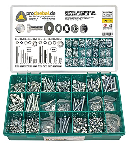 Sortiment Sechskantschraube Gewinde bis Kopf DIN 933 Stahl verzinkt 8.8 inkl. Schraube+Mutter+Stoppmutter+U-Scheibe+Federring+Große U-Scheibe (DIN933+934+985+125+127+9021) (M5 & M6 670 Teile)