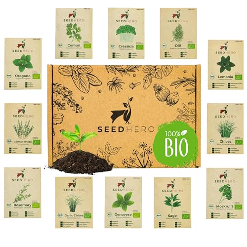 BIO Kräuter Samen Set - 12 Sorten Kräutersamen aus biologischem Anbau, samenfestes Saatgut, Küchenkräuter und Gartenkräuter, Set mit Basilikum, Dill, Kresse, Petersilie, Schnittlauch und mehr
