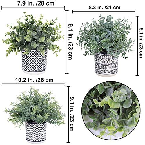 Set Of 3 Assorted Small Potted Plants Fake Eucalyptus Rosemary Plants In Black & White Geometric Concrete Ceramic Pots For Table Centerpiece Desk Shelf Kitchen Office Indoor Outdoor Greenery Decor #TOP1