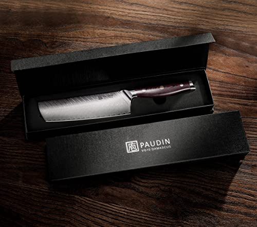 Paudin Damascus Nakiri Knife,7 Inch Japanese Damascus 67-Layers Vg10 High Carbon Stainless Steel Knife, Ultra Sharp Vegetable Knife, Plume Pattern Kitchen Knife With Ergonomic G10 Handle #TOP5