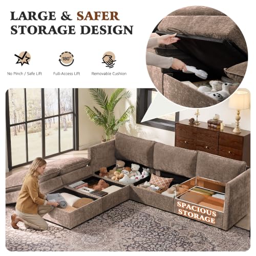 Image of Ihanherry 103 inch Modular Sectional Sofa with Storage, U Shaped Cloud Couch with Movable Ottomans & 4 Pillows, Chenille Deep Seat Sectional Couches for Living Room, Apartment (Brown)
