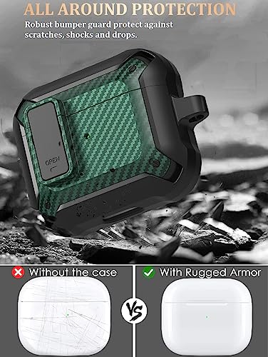 Image of Olytop for Airpods 3rd Gen Case with Lock 2021, Rugged Apple Airpods 3rd Generation Case Men Women, Armor Shockproof iPod 3rd Gen Case Protective Hard Shell with Carabiner&Cleaner kit, Black /Green